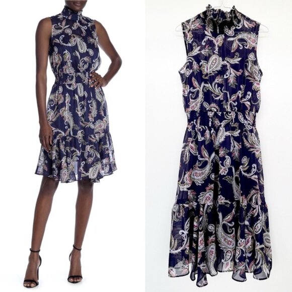 Nanette Lepore Dresses & Skirts - Nanette Lepore Navy Paisley High-Neck Smocked Midi Dress Size 8